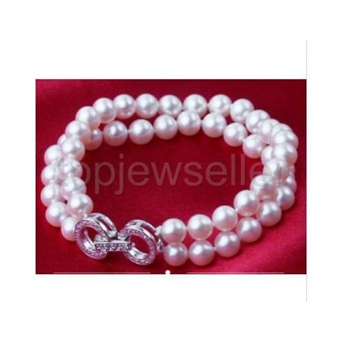 2rows 9-10mm south sea round white pearl bracelet 7.5-8inch Free shipping