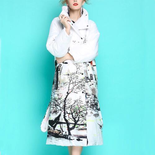 Brand New Luxurious Womens Winter Down Jackets White Vertical Collar Ink Printing Cotton Down Thickened Loose Large Size Parkas