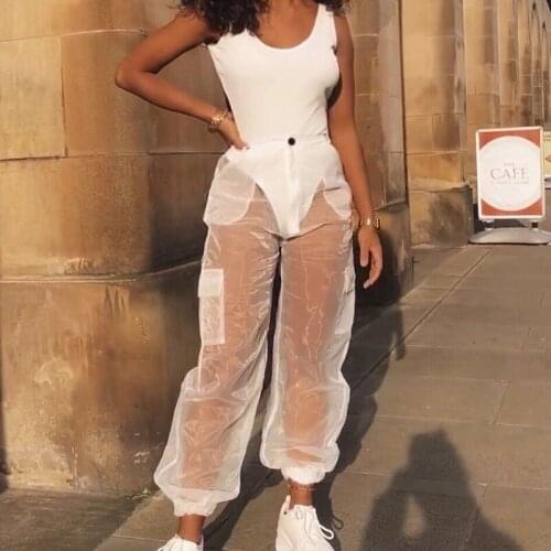 Womans Sexy Black White Mesh Transparent Long Pants, Loose Wide Leg Trousers with Pocket for Daily Life and Nightclub Party