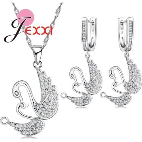 High Quality Full Rhinestone Swan 925 Sterling Silver Statement Necklace Earrings Wedding Jewelry Sets For Women Bijoux