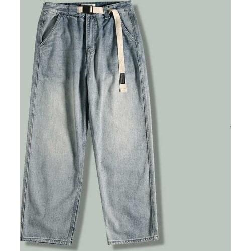 Harajuku Retro Water Wash Lace Straight-leg Jeans Men Hip Hop Casual Streetwear Loose Wide Pants 2021 Baggy Joggers Sports Pants