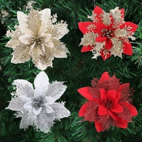 Artificial Christmas Flowers Glitter Fake Flowers Merry Christmas Tree Decor