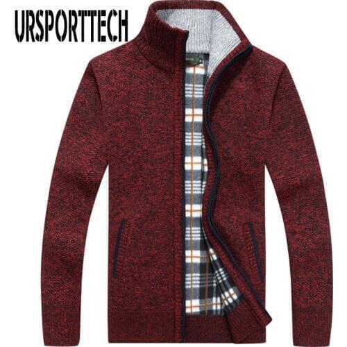 URSPORTTECH Knitted Mens Sweater Cardigan Coat Casual Faux Fur Wool Sweater Jackets Men Knitting Sweater Plus Size Warm Cardigan