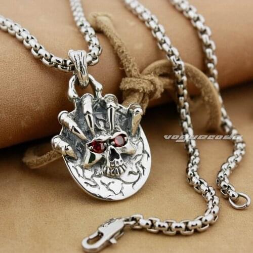 Claw Skull Red CZ Eyes 925 Sterling Silver Mens Biker Rock Punk Pendant 8X017