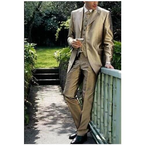 Costume Homme Slim Fit Men Suits 3 Pieces (Coat+Pant+Vest+Tie)Tailor-Made Fashion Terno Masculino Gold Notch Lapel Three Buttons