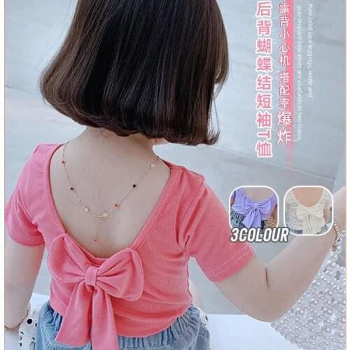 Girls Summer T-shirt 2021 Summer New Baby Korean Style Bow Bottoming T Shirt Childrens Thin Slim Short-sleeved Top Tees 2-7Y