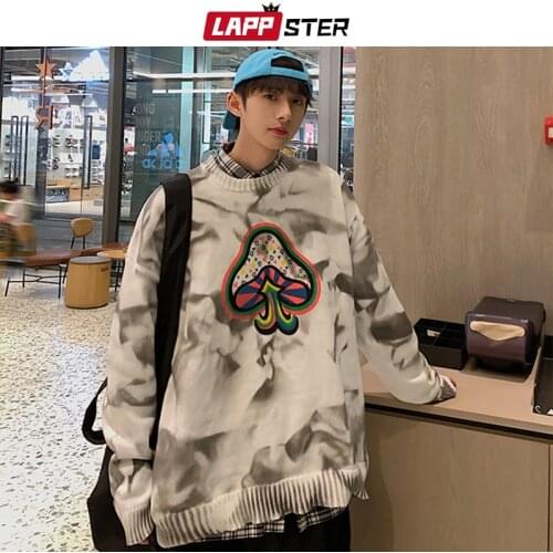 LAPPSTER Men Harajuku Tie Dye Vintage Knitted Sweater 2021 Mens Oversized Korean Fashion Pullovers Male Y2k Distressed Sweater