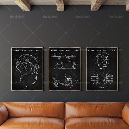 Skateboarding Patent Print Set of 3, Skateboard Wall Art, Knee&Elbow Pads Blueprint, Sport Helmet Poster, Kids Room Decor