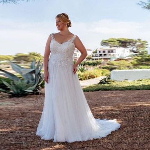 New 2020 Plus Size Wedding Dresses Sexy V Neck Sleeveless Lace Applique A Line Corset Bride Dress Vestidos De Noiva