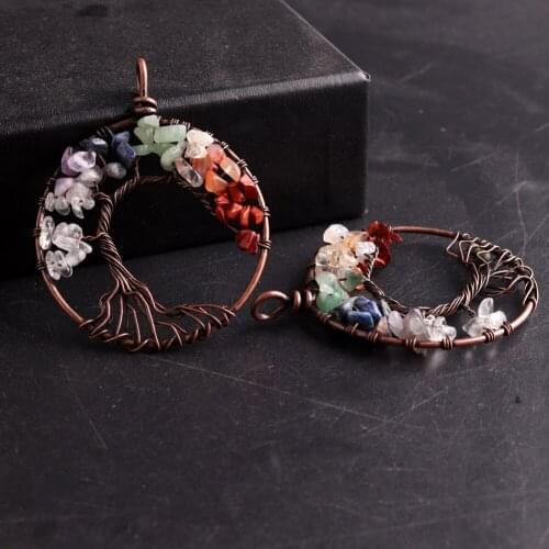 Wholesale 6pcs/Lot Natural Gravel Stone 7 Chakra Quartz Copper Wrap Wisdom Tree of Life Pendant for Women Men Healing Crystal
