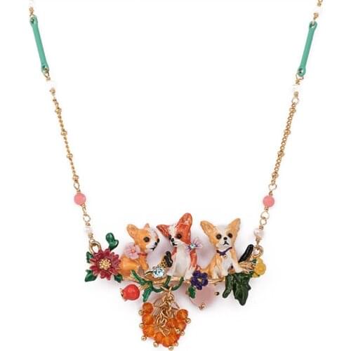 Autumn and Winter Chihuahua Necklace Hand-painted Enamel Glaze Animal Puppy Necklace European and American Red Flower Necklace