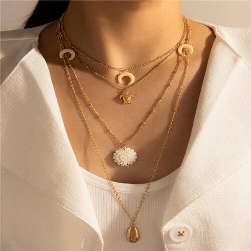 HuaTang Boho Crescent Shell Pendant Necklace for Women Multilayer White Flower Turtle Charming Choker Female Jewelry on the Neck