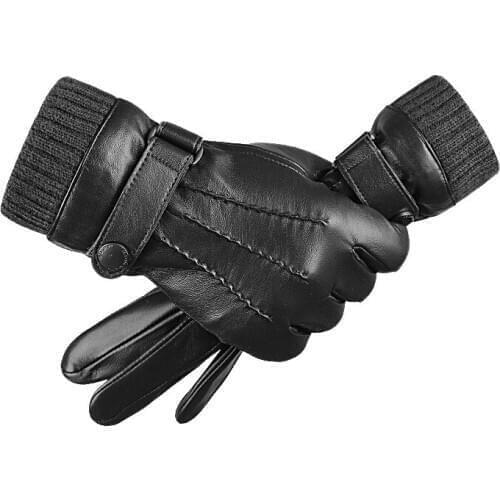 Winter Leather Gloves Mens Outdoor Warmth and Velvet Thick Windproof Waterproof Touch Screen Riding and Driving Sheep Leather
