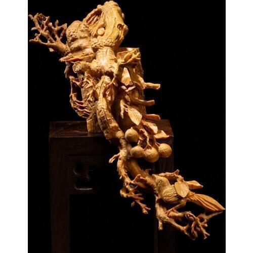 Boxwood 18cm Magpie Sculpture Auspicious Animal Wood Lucky Collection Flowers and Birds Home Decor