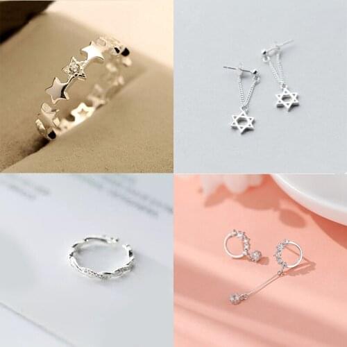 925 Sterling Silver Pin Twisted Line Star Moon Six Star Ring Earrings and Other Fashion Exquisite Jewelry Set