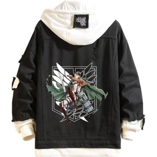 Spring Autumn Men Women Black Jeans Coat Anime Attack On Titan Denim Jacket Hooded Outerwear Boy Girl Cosplay Costume Tops S-4XL