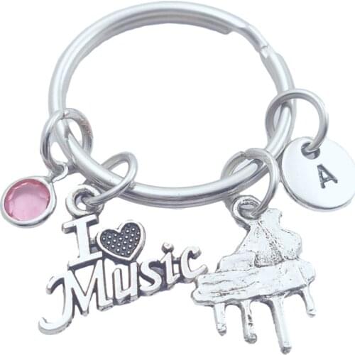 I Love Music Piano Creative Initial Letter Monogram Birthstone Keychains Keyrings Fashion Jewelry Women Gifts Pendants