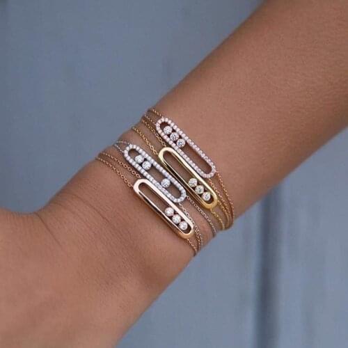 SLJELY Luxury Brand Real 925 Sterling Silver Three Move Stones Double Chain Bracelet with Activity Zircon Women Fashion Jewelry