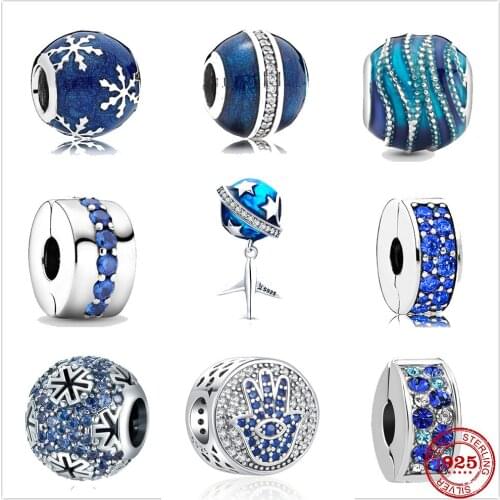 The new 925 sterling silver and blue shades Blue wave Fit Pandora Charm Silver 925 Original Bracelet DIY Jewelry For Women