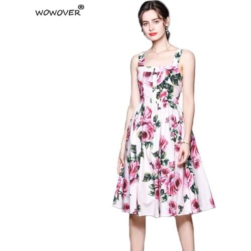 Summer Square Collar Rose Floral Print Runway Spaghetti Strap Dress Women Sleeveless Robe Beach Holiday Vestidos S-XXL