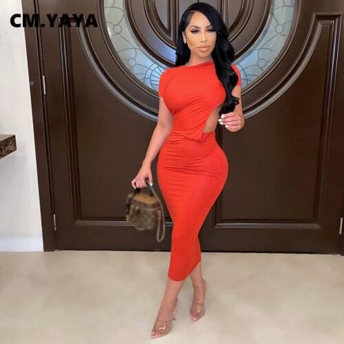 CM.YAYA Women Midi Dress Solid Backless Stretchy Bodycon Dresses Female Fashion Sexy Party Vestidos Casual Street Autumn 2021