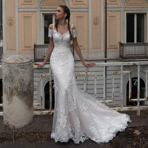 Boat Neck Off the Shouler trumpet Wedding Dresses Lace-up Court Train Appliques Flower Lace Bridge Gown Vestidos De Novia