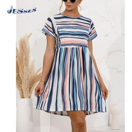 Women A-line Dress Short-sleeve Casual Round Neck Party Dresses Fashion Stripe Print Loose Midi Dress Femme Patchwork XL Vestido