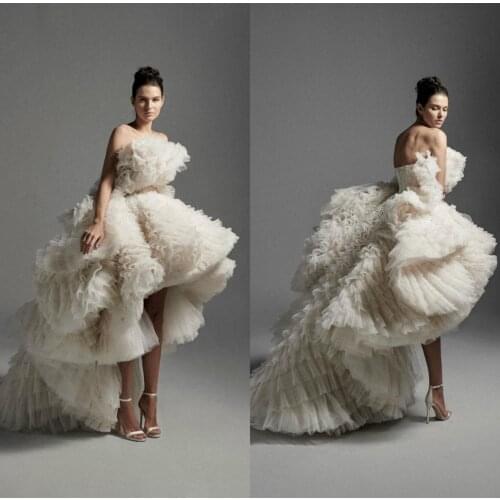 2020 High Low Wedding Dresses Tulle Ruffles Tiered Skirts Beach Wedding Dress Custom Made Luxury Church Abiti Da Sposa