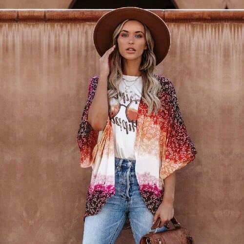 2021 Boho Print Chiffon Bathing Suit Cover-ups Plus Size Beach Wear Kimono Dress Women Summer Swimsuit Cover Up A821