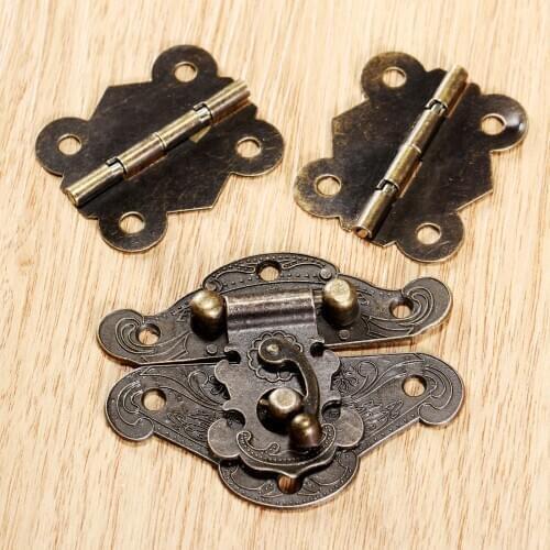 3pcs/set Hinges Antique Bronze + Latch Hasp Lock Iron Vintage Decorative Hook Wooden Jewelry Box Cabinet Furniture Hardware