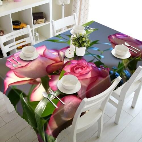 3D Customizable Blooming Pink Rose and Beautiful Seductive Red Rose Dustproof Washable Cloth Rectangular and Round Table Cloth