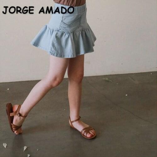 2021 Korean Style New Summer Teenagers Girls Denim Skirt Solid Color Mini Ruffles Cute Elastic Waist Skirt Children Clothes E683