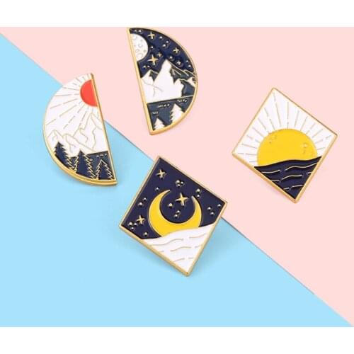 Cartoon Outdoor Scenery Sunrise Night Sky Enamel Brooch Sun Moon Star Geometry Alloy Pins Badge Accessories Woman Jewelry Gift