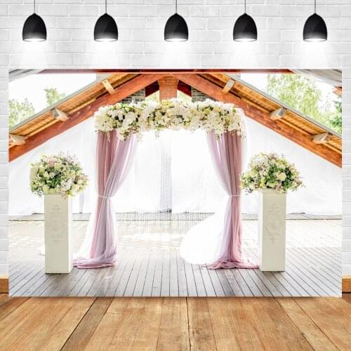 Outdoor Wooded Roof Wedding Gate Flowers Tassel Photography Backdrops Seaside Garden Photo Background For Studio Decor
