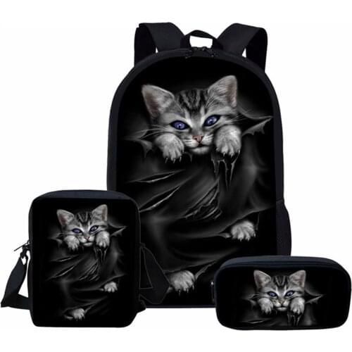 HaoYun 3PCs/Set Kids School Bag Black Cats Prints Pattern Bag Kawaii Jeans Design Cat Backpack/Flaps Bag/Pen Bags