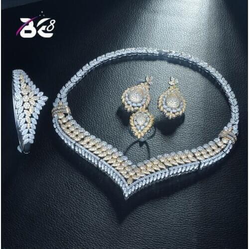 Be 8 Luxury AAA Zircons Bridal Jewelry Set Wedding 4pcs Necklace Earrings Ring and Bracelet Engagement Party 2 Tones Women S313
