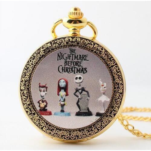 Nightmare Before Christmas Vintage pocket watch necklace Chain Antique Steampunk Bronze Quartz Watch Mens Relogio De Bolso