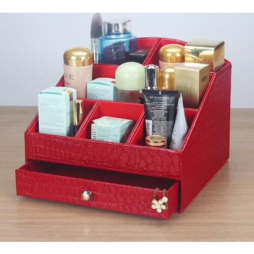 Leather desktop dressing table cosmetic skin care storage box creative drawer mouth red rack