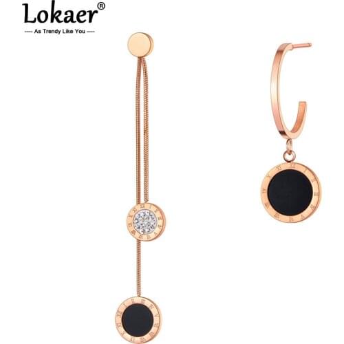Lokaer Titanium Stainless Steel CZ Crystal Tassel Earrings Trendy Bohemia Roman Numerals Charm Jewelry For Women Girls E20325
