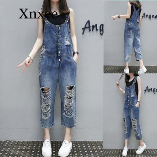 Fashion Women Denim Romper Jumpsuit Loose Jean Overalls Ankle - Length Pants Romper For Women Pants Long Blue Hole Vintage