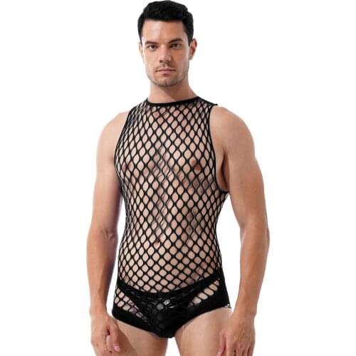 Men Exotic Sexy Hollow Out Fishnet Netted Bodystockings Lingerie Halter Neck Sleeveless See-through Stretchy Bodysuits Nightwear