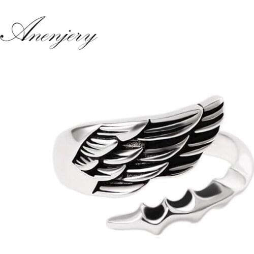 ANENJERY 925 Sterling Silver Vintage Simple Fashion Feather Paws Adjustable Thai Silver Ring For Men Women Rings anillos S-R302