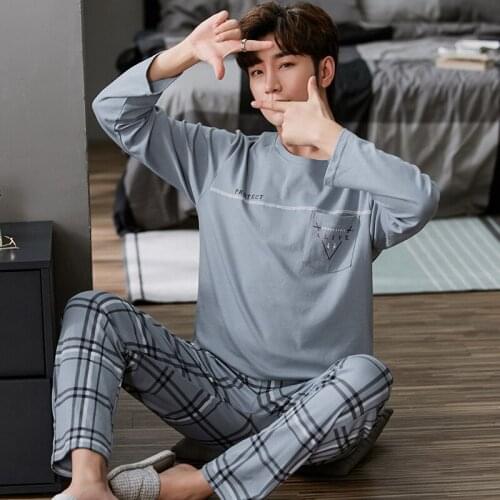 Men Pajamas Set Blue Simple Cotton Big Size L-4XL Pyjama Long Top Pant Casual Sleepwear Suit Can Be Worn Outsides Male Pyjamas