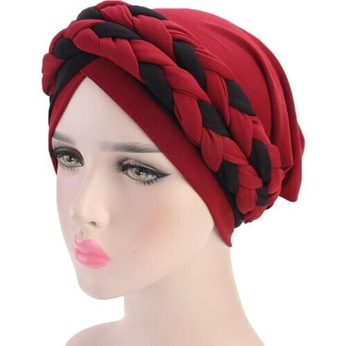 2020 NEW Double Braid Turban Hat For Women Muslim Fashion Braid Headscarf Bonnet Femme Musulman Islamic Hijab Headwear India Cap