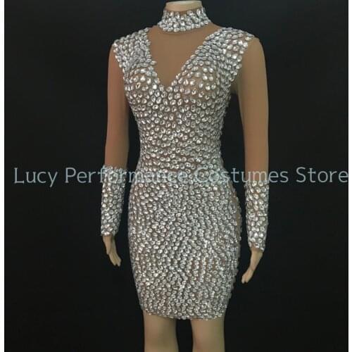 New Shiny Silver Rhinestone high collar dress dance party sexy transparent white sleeve dress long sleeve buttock dress