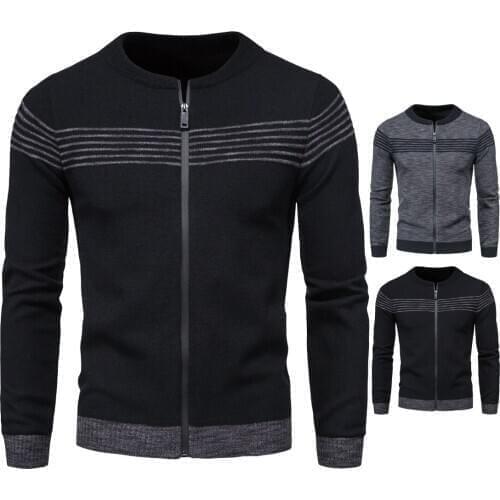 YM069 Autumn Clothing Plus Size Foreign Trade Mens Sweater Fashionable Stripe Contrast Color Cardigan Sweater