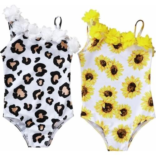 0-5Y Summer Baby Kids Girls Bikini Ruffles One Shoulder Leopard/Sunflower Print Sleeveless Beachwear Infants Swimwear