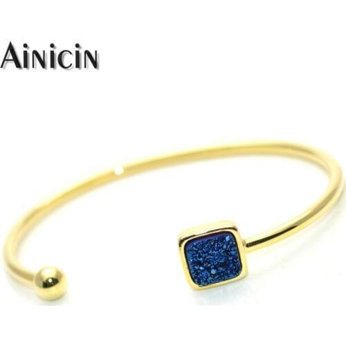 Gold Plating Natural Druzy Crystal Navy Blue Plating Open Bangles Square Shape Adjustable Bracelets For Men and Women 1pc