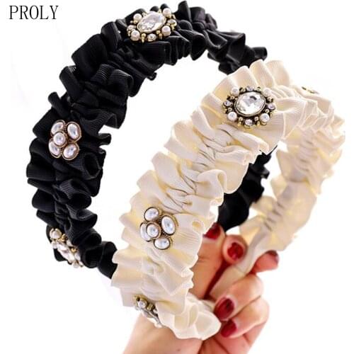 PROLY New Fashion Adult Hairband Lace Pleated Rhinestone Headband Casual Spring Summer Headwear Women Hair Accessories