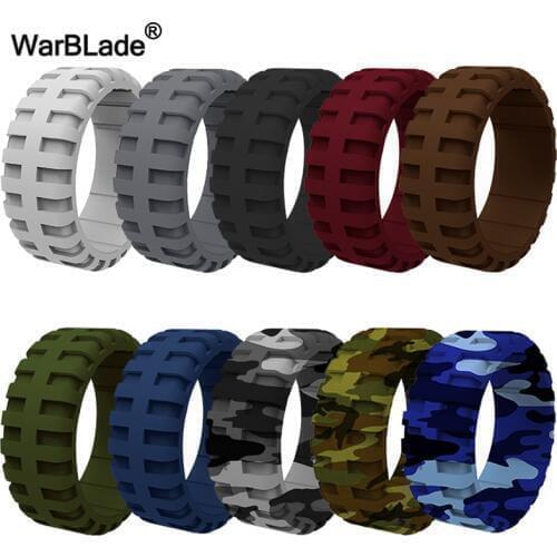 WarBLade New Food Grade FDA Silicone Rings Men 9mm Tire Pattern Silicone Finger Ring Hypoallergenic Flexible Wedding Rubber Band